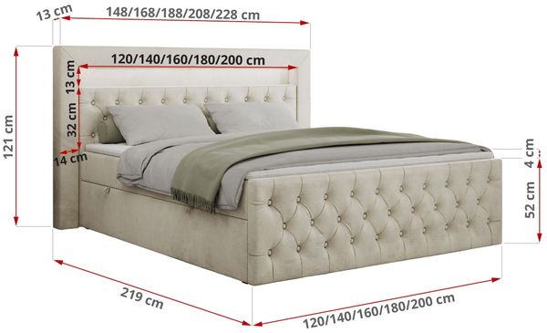 Boxspringbett, Stauraumbett mit Bettkasten, LED - GOLD-9 - 140x200cm - Beige Velours - H3 Bild 5