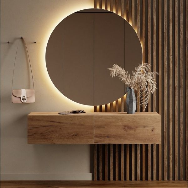 Planetmöbel Garderoben-Set Garderobenschrank Flur 140 cm, verschiedene Farben, (Kompaktgarderobe mit Klappe als Stauraum, Hängeschrank 140 cm Gold Eiche), Wandgarderobe (ohne Spiegel)