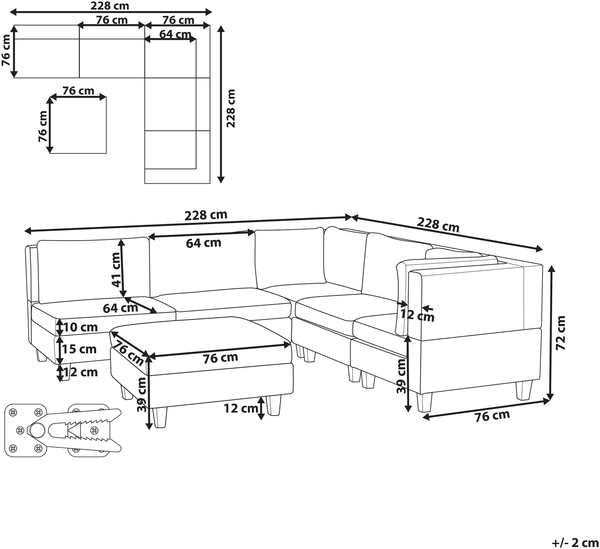 Beliani 'Unstad' Sofa, Braun, Stoff, 72 x 228 x 228 cm, mit Ottomane, Links Bild 2