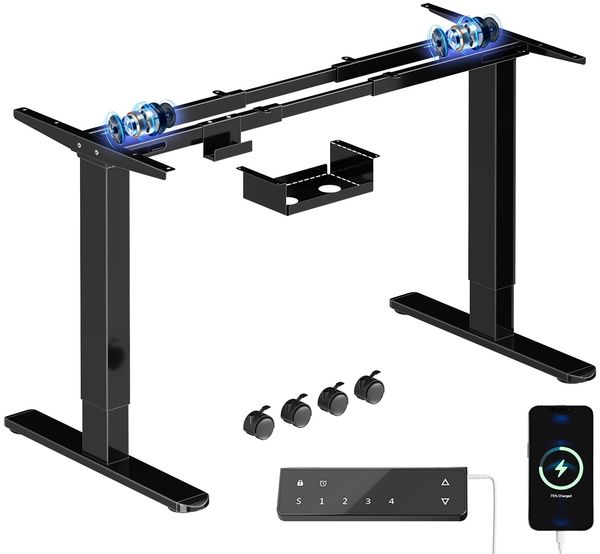 JUMMICO Höhenverstellbarer Schreibtisch Gestell mit 2 Starken Motoren, Type-C Aufladen und Kabelmanagement & Räder, 130kg Tragkraft, 4 Höhenspeicher, Elektrisch Tischgestell Höhenverstellbar, Schwarz