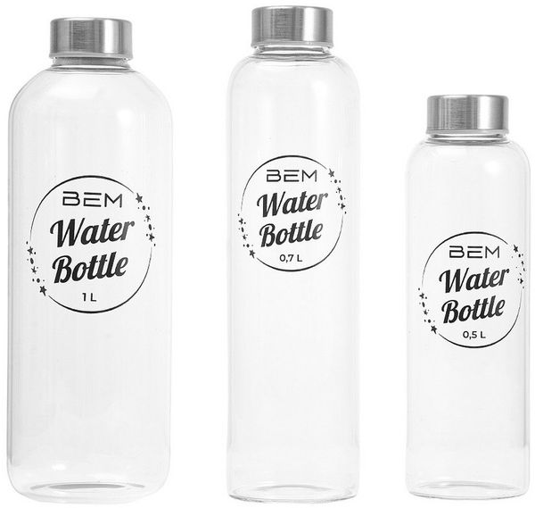 BEM Trinkflasche Water Bottle aus Glas mit Edelstahldeckel, BPA-frei Spülmaschinenfest Silikonhülle Borosilikatglas Wasser Flasche
