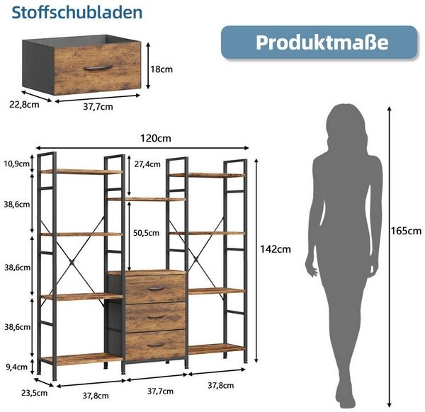 OYRREU Bücherregal mit 3 Stoffschubladen & 10 Ablageböden, Standregal, schlankes Design, höhe 142cm Bücherschrank 1-St, Anti-Kipp-Sicherung, mit offenen Ablagen, X-förmige Metallverstärkung, Mehrzweckregal