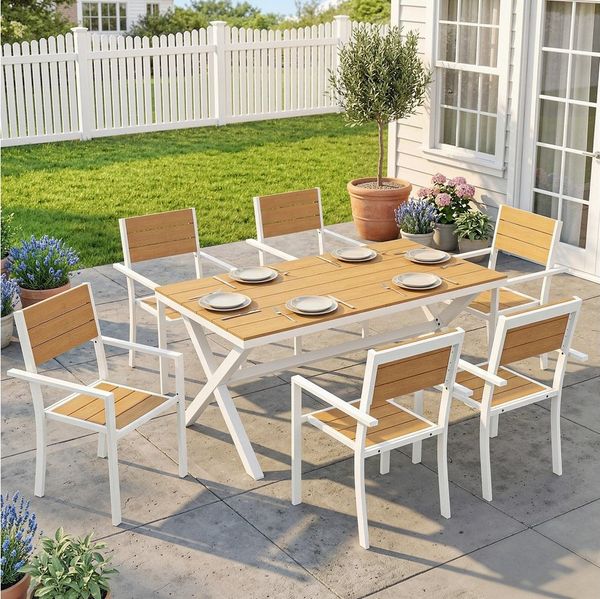 Outsunny Garten-Essgruppe mit 6 stapelbare Stühlen, Holzoptik, Aluminiumrahmen, Lamellsitz, (Sitzgruppe, 7-tlg, Gartenmöbel Set), für Garten Terrasse Teak