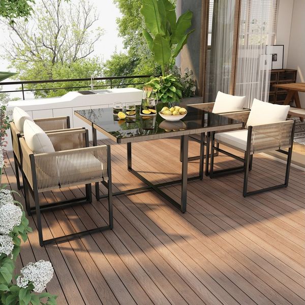 MODFU Gartenlounge-Set Garten-Essgruppe, (Gartengarnitur,Sitzgarnitur, 5-tlg, 1 Esstisch, 4 stapelbaren Stühle), mit Feines Seil, Eisen, Tischplatte aus 5mm starkem Sicherheitsglas