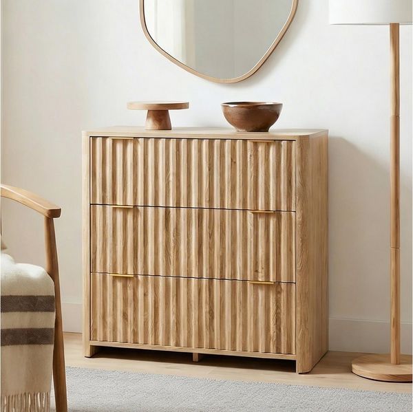 IDIMEX Kommode ELLA, Anrichte mit 3 Schubladen und Lamellenoptik aus MDF Eiche Finish