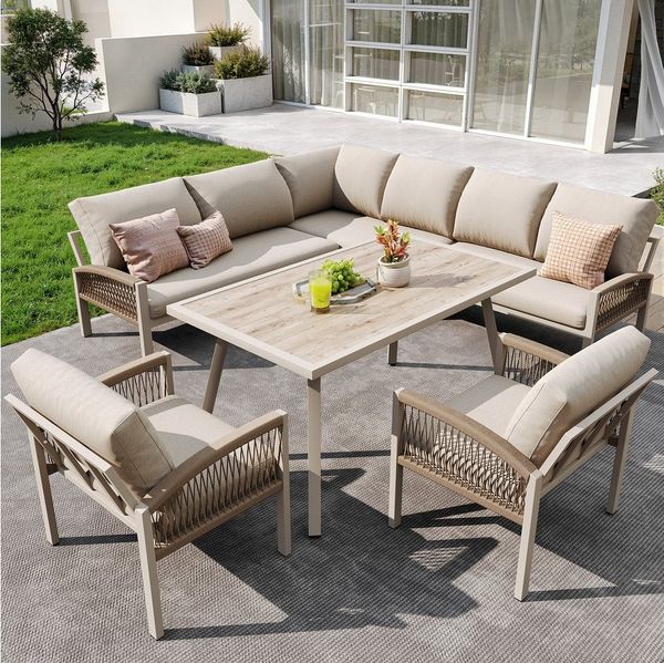HAUSS SPOLE Gartenlounge-Set Bis Zu 8 Personen Gartensofa Modulares L-Form Handgeflochten Armlehnen, (für 8 Personen mit Seilwerk, für Garten, Balkon & Terrasse – Komfort & Langlebigkeit), mit Relaxfunktion