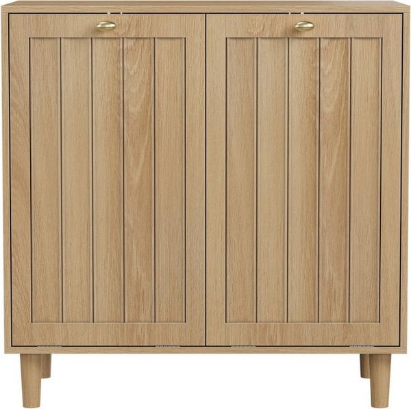 BBWL Stauraumschrank mit 2 Körben Wäscheschrank schräg herausnehmbar MDF Wäschekorb Eiche freistehend Badezimmer Wäschetrennung Organizer Bild 2