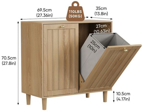 BBWL Stauraumschrank mit 2 Körben Wäscheschrank schräg herausnehmbar MDF Wäschekorb Eiche freistehend Badezimmer Wäschetrennung Organizer Bild 3