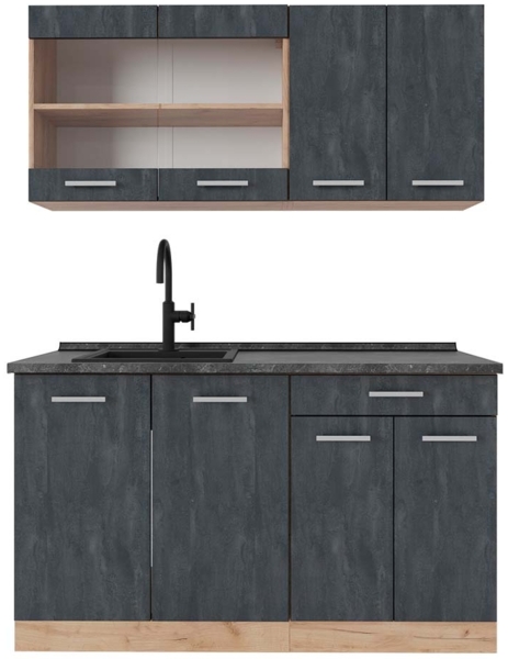 Vicco Mini-Küche Schwarz Beton/Goldkraft Eiche 140 cm AP Anthrazit, R-Line