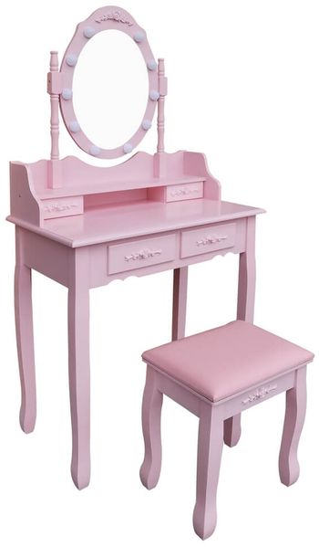 Schminktisch Rosa RUSTIKA mit Spiegel Hocker LED Beleuchtung Schubladen