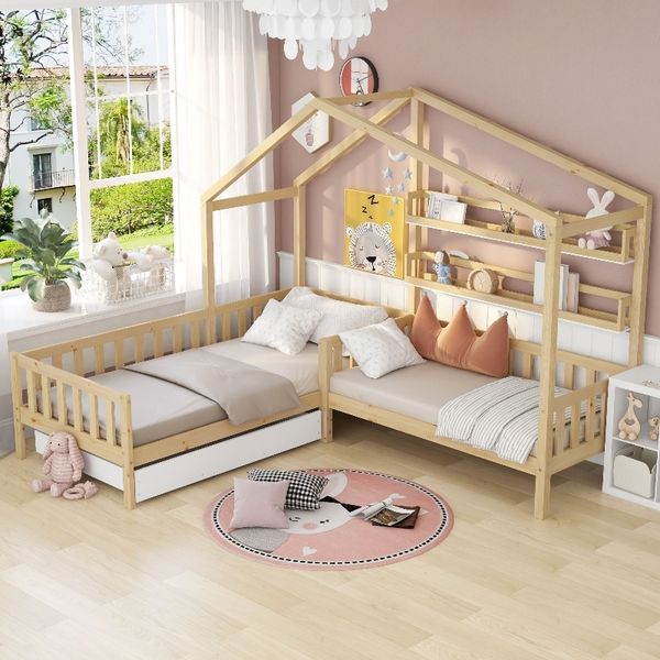 Novelux Hausbett Kinder 90x200+140x70 cm mit Schublade und Regalen – L-Form Massivholz/Kiefer MDF Natur, mit Zaun, Lattenrost, ohne Matratze