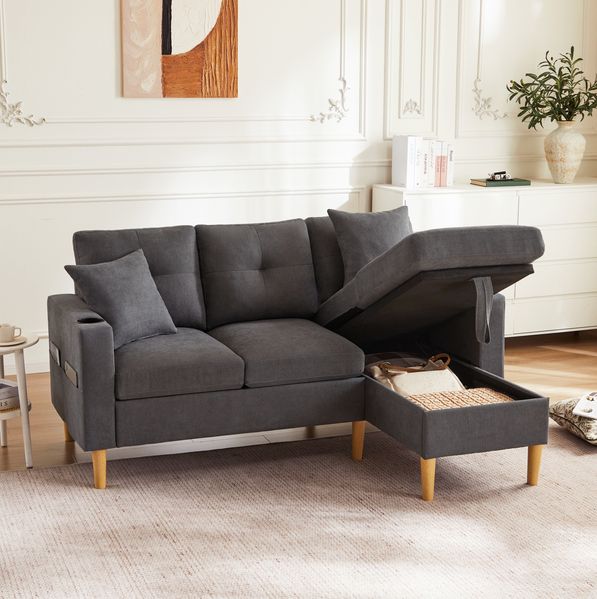 Ecksofa aus Baumwoll-Leinenstoff mit Stauraum & Getränkehaltern, 175 x 129 x 90 cm, Dunkelgrau