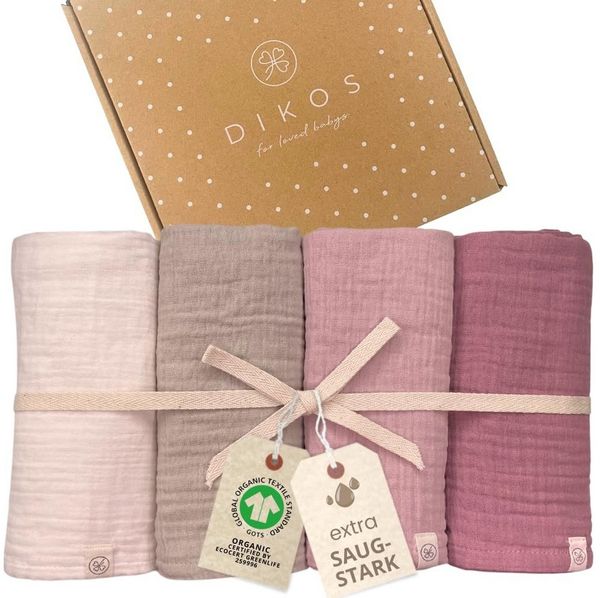 Babydecke Spucktücher, Mulltücher 4er-SET, 64x64 100% GOTS BIO-Baumwolle, DIKOS, PREMIUM Qualität atmungsaktiv, nachhaltig, plastikfrei, kuschelweich