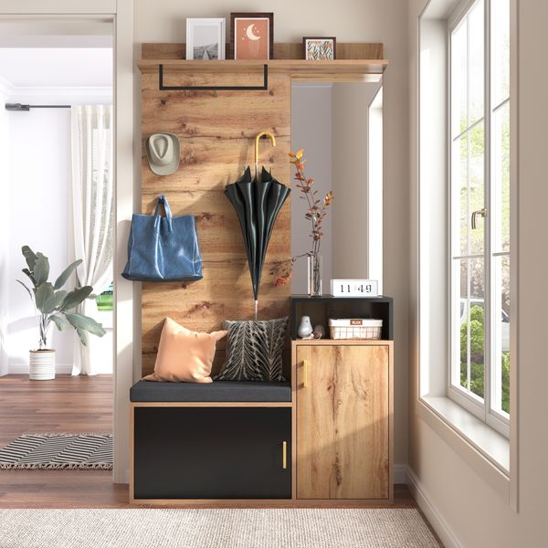 Flurgarderobe-Set aus MDF/Spanplatte mit Spiegel, Schuhschrank & Sitzbank, 105x40x191,5 cm, Schwarz/Holzfarben