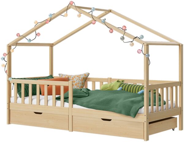 Bellabino 'Bia' Hausbett 90x200 cm mit 2 Schubladen, natur, Kiefer Massivholz, Montessori Kinderbett mit Stauraum, inkl. Rausfallschutz und Lattenrost Bild 12