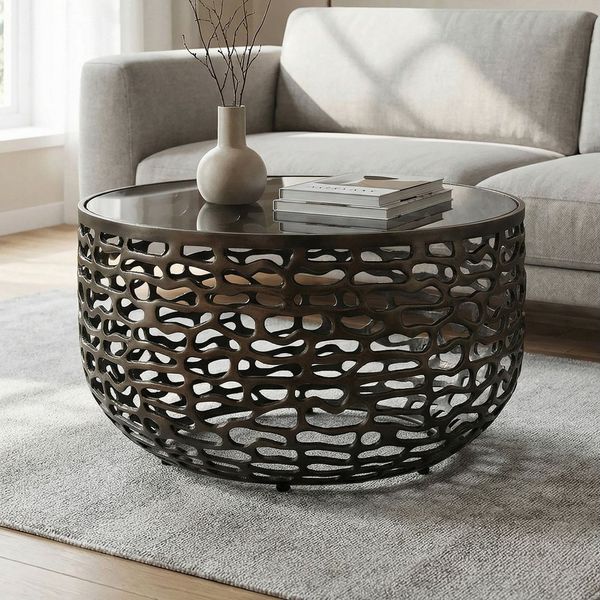 FINEBUY Couchtisch FB116322 Sofatisch Aluminium Glas 60cm Wohnzimmertisch Beistelltisch (Runde Ablagefläche aus elegantem Dunkelglas), Gestell aus Aluminium in organischer Optik