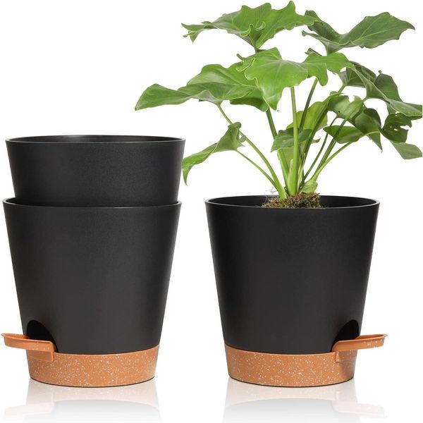 T4U Kunststoff Blumentopf 16,5cm 3er-Set Selbstbewässerung Schwarz