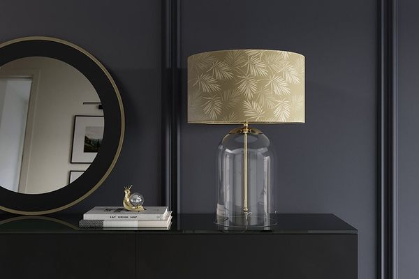 riess-ambiente Tischleuchte CLASSICO 60cm transparent/weiß/gold – Leinenschirm mit Palmen-Muster, Ein-/Ausschalter, ohne Leuchtmittel, Wohnaccessoire im Vintage-Stil, Design-Glasfuß, für Nachtschrank