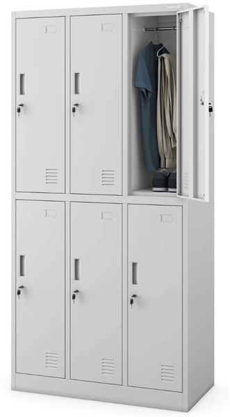 Umkleideschrank Spind IGOR - 6 Abteile, Etikettenhalter Lüftungsschlitze | Umkleidespind Schließfachschrank Garderobenspind, 185x90x45cm Grau