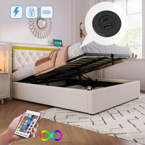 Polsterbett mit LED-Beleuchtung, USB und Type-C, Beige, 160x200 cm,mit Stauraum und Ladefunktion