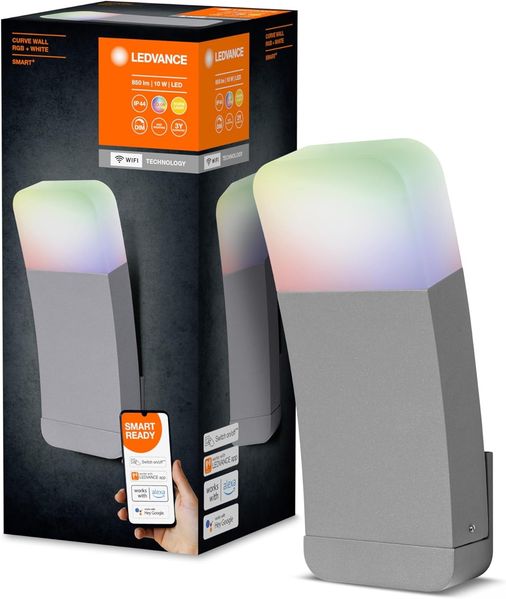 LEDVANCE Smarte LED Aussenleuchte für die Wand mit WiFi Technologie, Leuchte für Außen, RGB-Farben änderbar, silberf. Aluminium, Kompatibel mit Google und Alexa Voice Control, SMART+ WIFI CURVE WALL