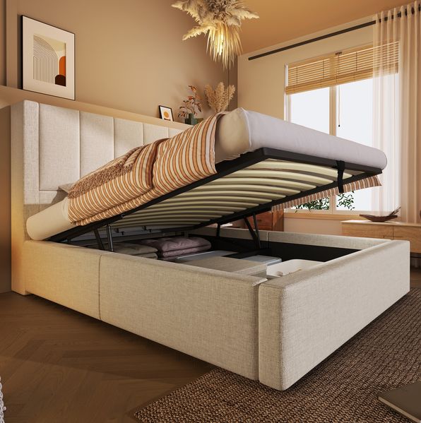Polsterbett 90x200 cm mit Stauraum und Ladestation – Einzelbett aus Leinen in Beige