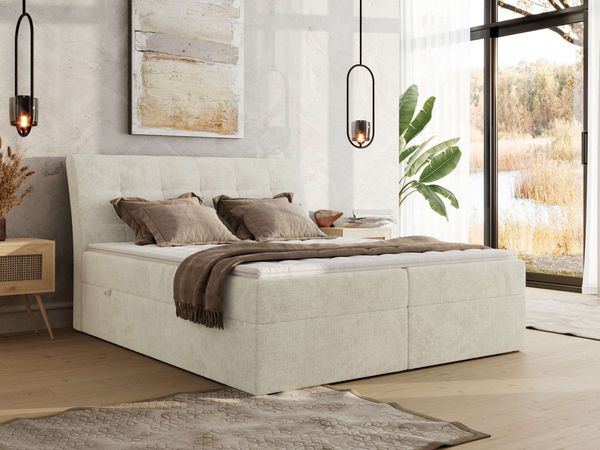 Boxspringbett DAGOS 140 x 200 cm mit Kopfteil, Lattenrost und Stauraum – Doppelbett mit Matratze & Topper T25 , stabile Konstruktion, Bettkasten, modernes Design - Creme Schenille grob gewebt - H4