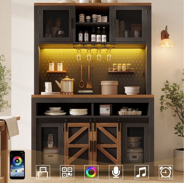 Flieks Küchenbuffet mit LED-Beleuchtung, Lochwand, USB-Anschluss und Schiebetüren (1-St, B120/T40/H174,5 cm) Küchenschrank Hochschrank mit Metallgittertüren und Steckdosen Schwarz