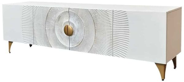 riess-ambiente Lowboard GOLDEN SUNSET 180cm weiß / gold - Mango, Massivholz, 3D Schnitzereien (Einzelartikel, 1 St), TV-Schrank mit Metallfüßen - ideal für Gäste-, Schlaf & Wohnzimmer