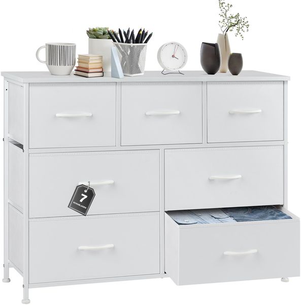 DUMOS Kommode für Schlafzimmer mit 7 Stoffschubladen hohe Kommode Organizer für Kleidung Schrank Kinderzimmer Aufbewahrungsturm mit Schrank Metallrahmen Holzplatte leichte Kinderzimmermöbel