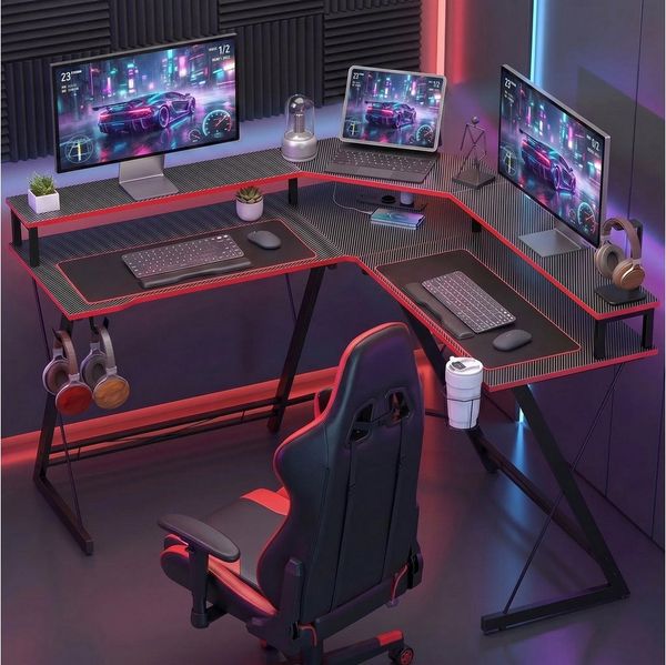 HOMCOM Computertisch Eckschreibtisch mit Steckdosen, USB-Anschlüssen (Eckschreibtisch, 1-St, Gaming Tisch), für Home Office, Schwarz