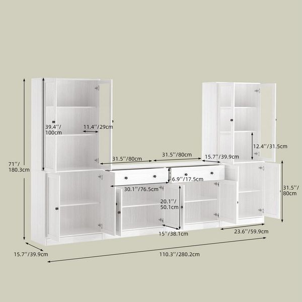 VOWNER TV-Schrank mit Bücherregalen für Fernseher bis zu 70 Zoll, 280 cm TV-Ständer (4-St) Wohnzimmer-Fernsehschrank mit gehärteten Glastüren und Einlegeböden