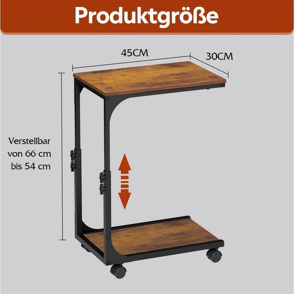 WLIVE Beistelltisch Höhenverstellbar, C Form Sofatisch mit Rollen, Kleiner Couchtisch (1 Tisch), mit 2 Etagen Ablagefach, fürs Wohnzimmer, Schlafzimmer, Balkon