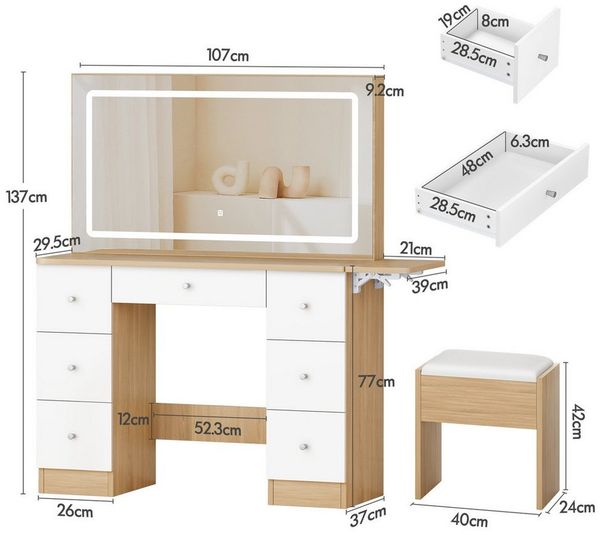 ALFORDSON Schminktisch mit LED-Spiegel, 7 Schubladen und Steckdosen, Schminktisch-Hocker-Set (1-St, Schminktisch-Set mit Stauraumhocker und klappbarer Tischplatte), 3 Farbmodus-Lichter und 10-stufige Dimmbarkeit