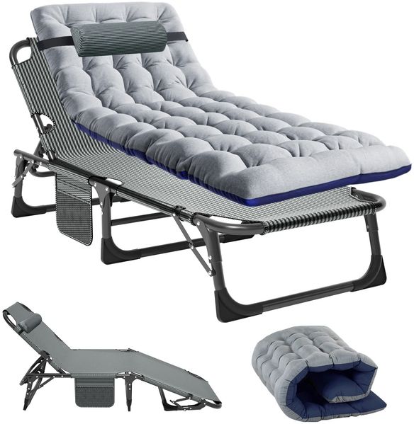 Ryuhic Sonnenliege Klappbar mit Matratze, 200kg Belastbar Gartenliege Liegestuhl mit Seitentasche und Kopfstütze, Verstellbare Rückenlehne Relaxliege für Balkon, Garten, Strand