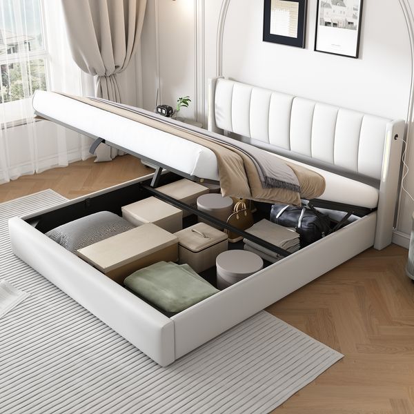 Polsterbett mit USB-Anschluss, LED & Stauraum, 160x200 cm, Weiß, ohne Matratze