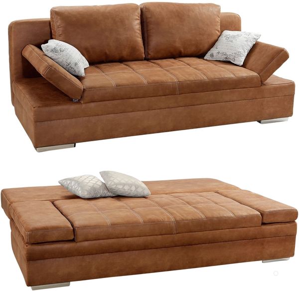 Schlafsofa verstellbar Bettkasten Couch Steppung Antiklederoptik in Braun Curry