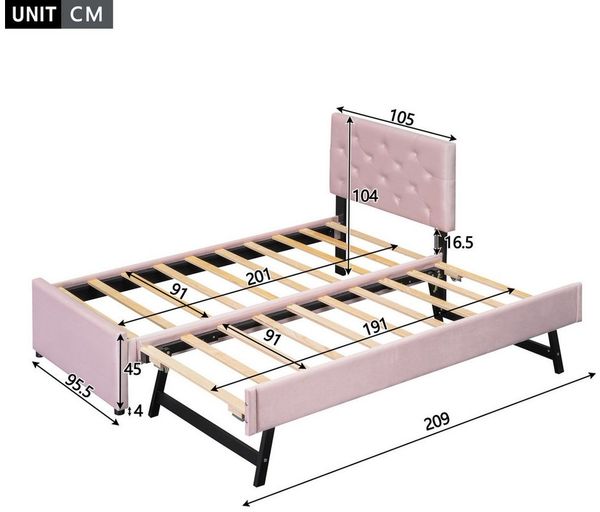 Ulife Polsterbett mit Ausziehbett, 90x200 cm/90x190 cm, minimalistisches Design (1-tlg, Ohne Matratze), Kinderbett Jugendbett mit Lattenrost, Samt