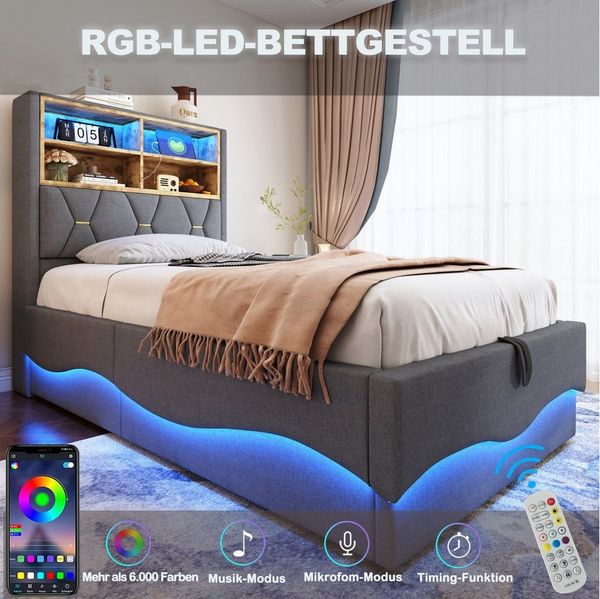 HAUSS SPOLE Polsterbett 90×200 mit hydraulischem Stauraum, LED-Licht, Grau mit Matratze