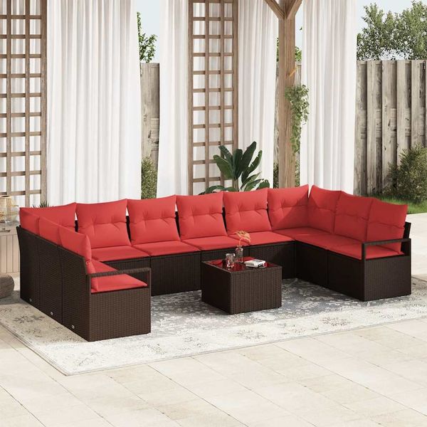 vidaXL Gartensofa-set mit Kissen 11 pcs Braun und Rot Poly-Rattan 3355243