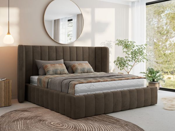 Polsterbett GOLETTA CLASSIC 180 x 200 cm mit gepolstertem Kopfteil, stabilem Bettrahmen, Lattenrost und Bettkasten mit Gasdruckfedern, Doppelbett, zeitloses Design Pocket Matratze - Braun Velvet - VIRE LUX