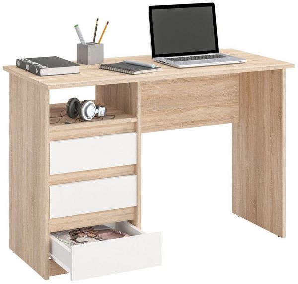 KOMTO Schreibtisch mit Schubladen - Bürotisch Computertisch Klein Arbeitstisch Büro PC-Tisch mit Stauraum | Moderner Schreibtisch Sonoma Eiche + Weiß | Oslo 110 x 50 x 74 cm