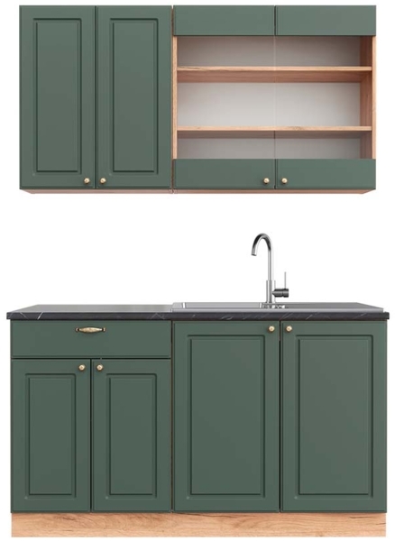 Singleküche Fame-Line Grün-Gold Landhaus/Goldkraft Eiche 140 cm , AP Anthrazit Vicco