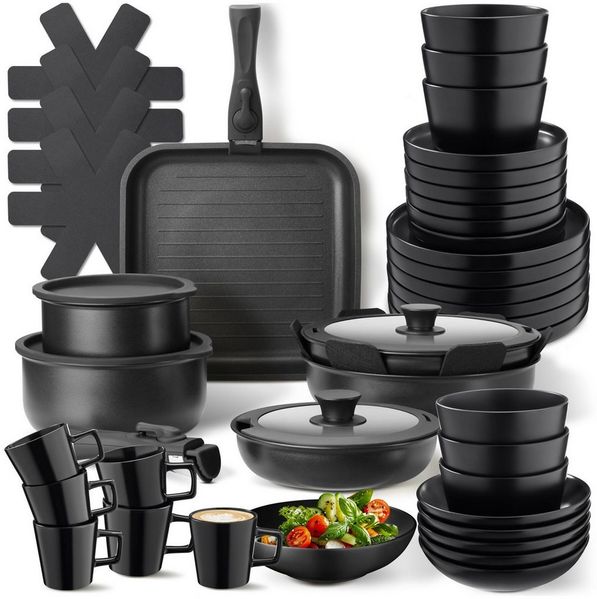 tectake Kochbesteck-Set Küchenstarterset aus Steingut mit Glasur, hitzebeständig und (Geschirrset Una/Parma, 47-tlg, in schwarz), rostfreies Aluminium mit Antihaftbeschichtung, induktionsgeeignet