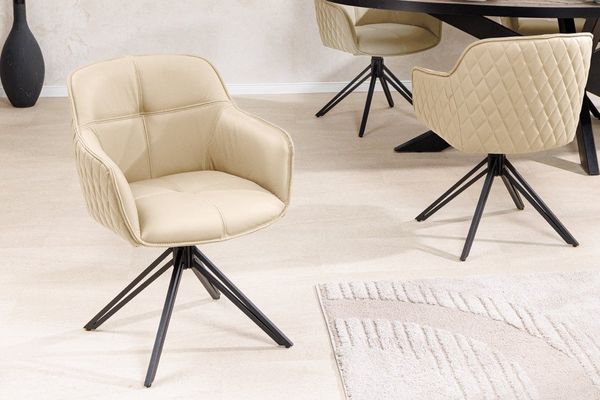riess-ambiente Polsterstuhl EUPHORIA beige/schwarz – Echtleder, drehbar, Metall-Füße, mit Armlehne (Einzelartikel, 1 St), bequemer Retro-Stuhl mit 180° Drehfunktion – ideal für edle Esszimmer