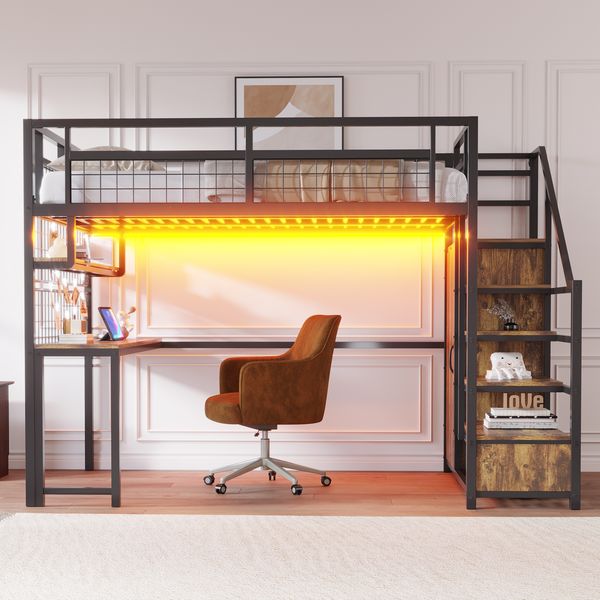 Merax Metall-Hochbett 140 x 200 cm Kinderbett, Jugendbett, Mit Aufbewahrungsleiter und Einfachem Kleiderschrank, Mit Ablage, Tisch und Netzregal. Stabiler Metallrahmen, Schwarz