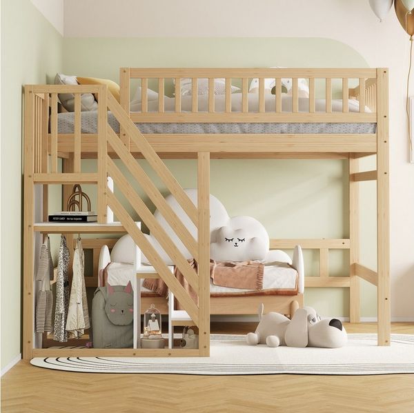 MODFU Etagenbett Massivholz Hochbett mit Aufbewahrungstreppe (Leiter mit Schrankfunktion, Bettgestell mit hoher Umzäunung, 140x200 cm), ohne Matratze