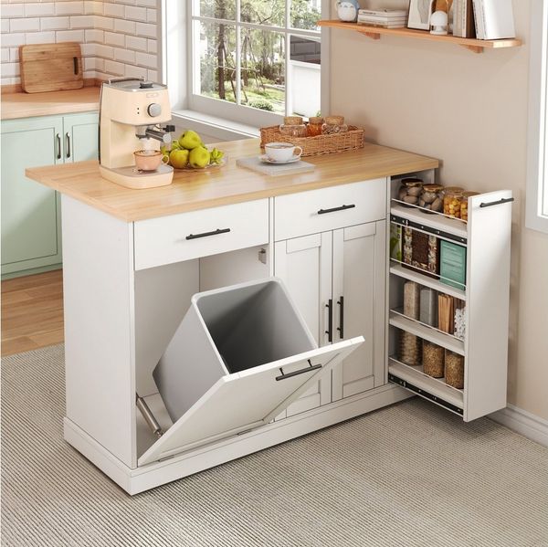 BlingBin Küchenwagen Kücheninsel auf Rollen mit klappbarer Arbeitsplatte,mit Müllschrank, (1 Stück, 1 St, 120 × 45 (70) × 93 cm), mit 4-stufigem Gewürzregal, 2 Schubladen und feststellbaren Rollen