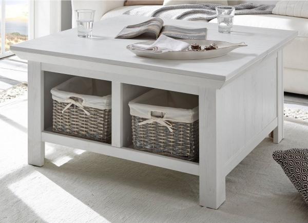 Furn. Design Couchtisch Hooge (Wohnzimmertisch in Pinie weiß Landhaus, 93 x 93 cm), mit Truhenfach