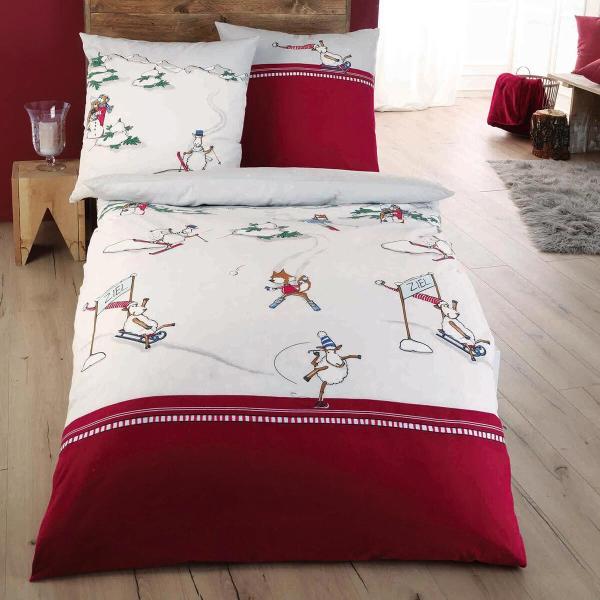 Kaeppel Biber Kinderbettwäsche Wintersport Bordeaux Größe 135x200 cm + 80x80 cm